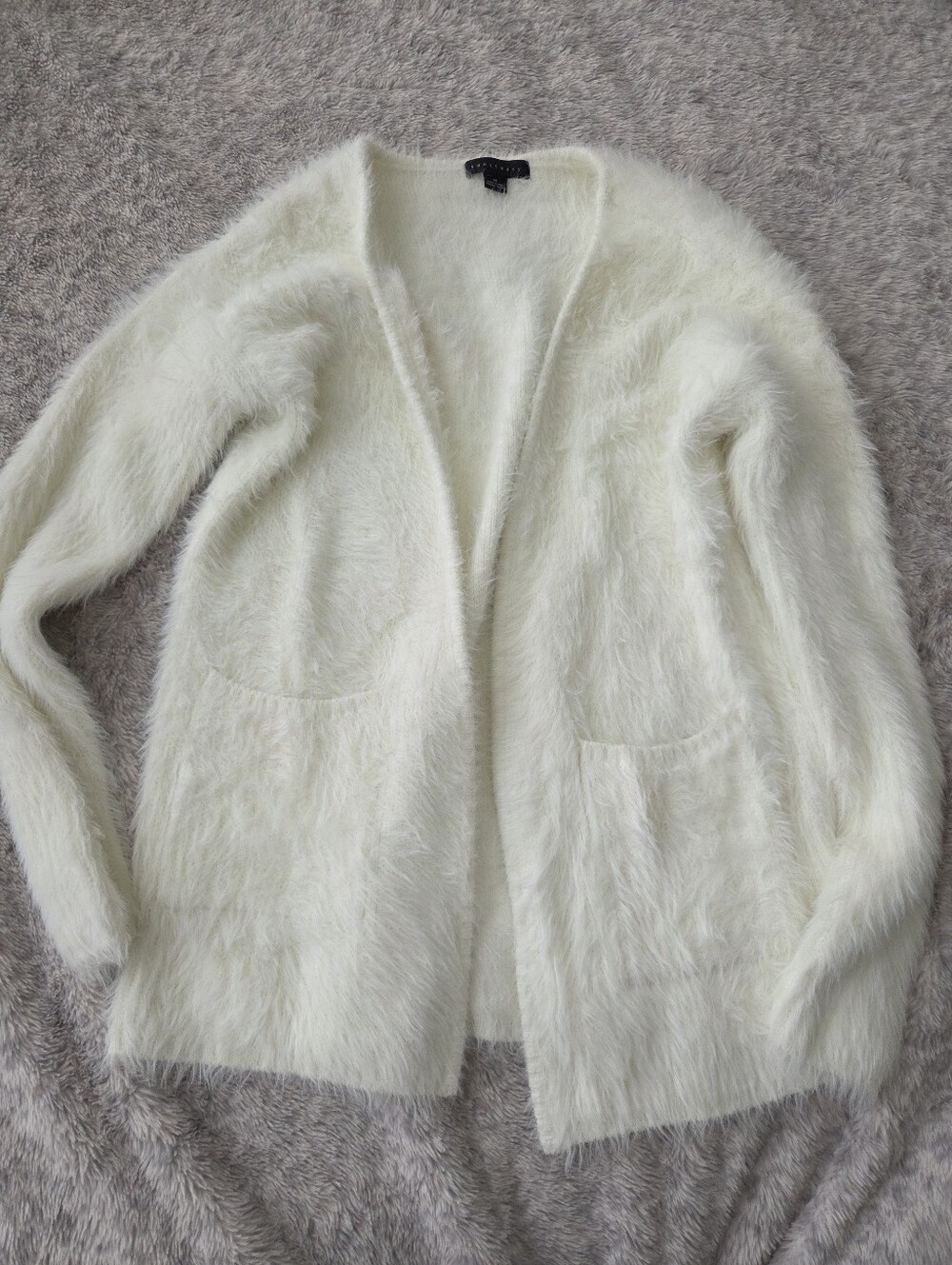 Sanctuary White Fuzzy Eyelash Knit Open Front Cardigan Sweater Pockets XS